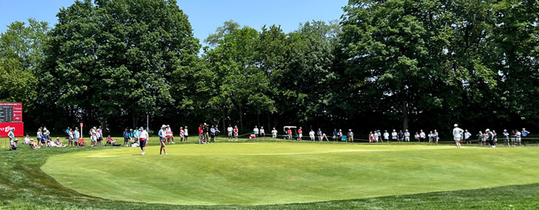 Spectators watching professional women\'s golf near the hole